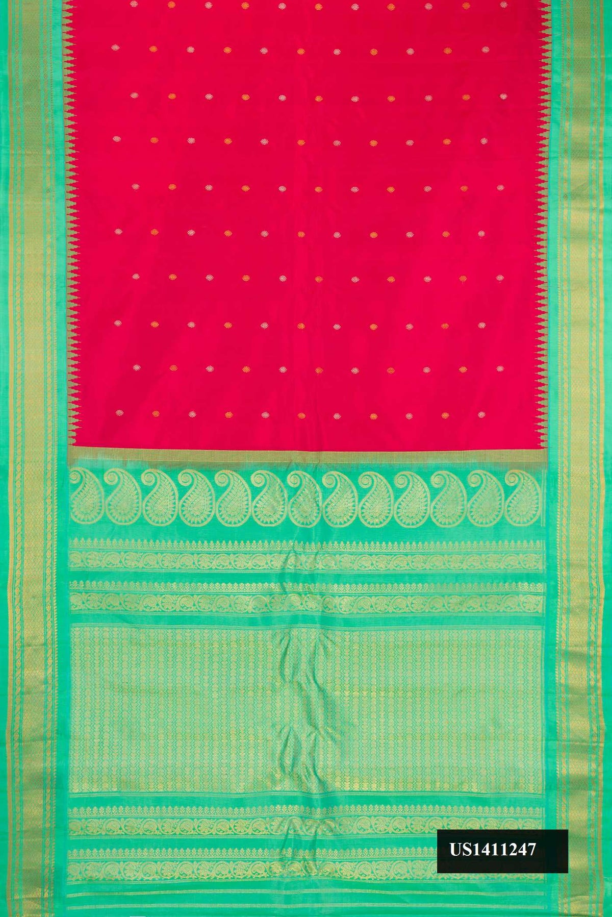 Red Dual Tone Gadwal Silk Saree with Zari Butta on the body and Temple Border.  displayed on a mannequin