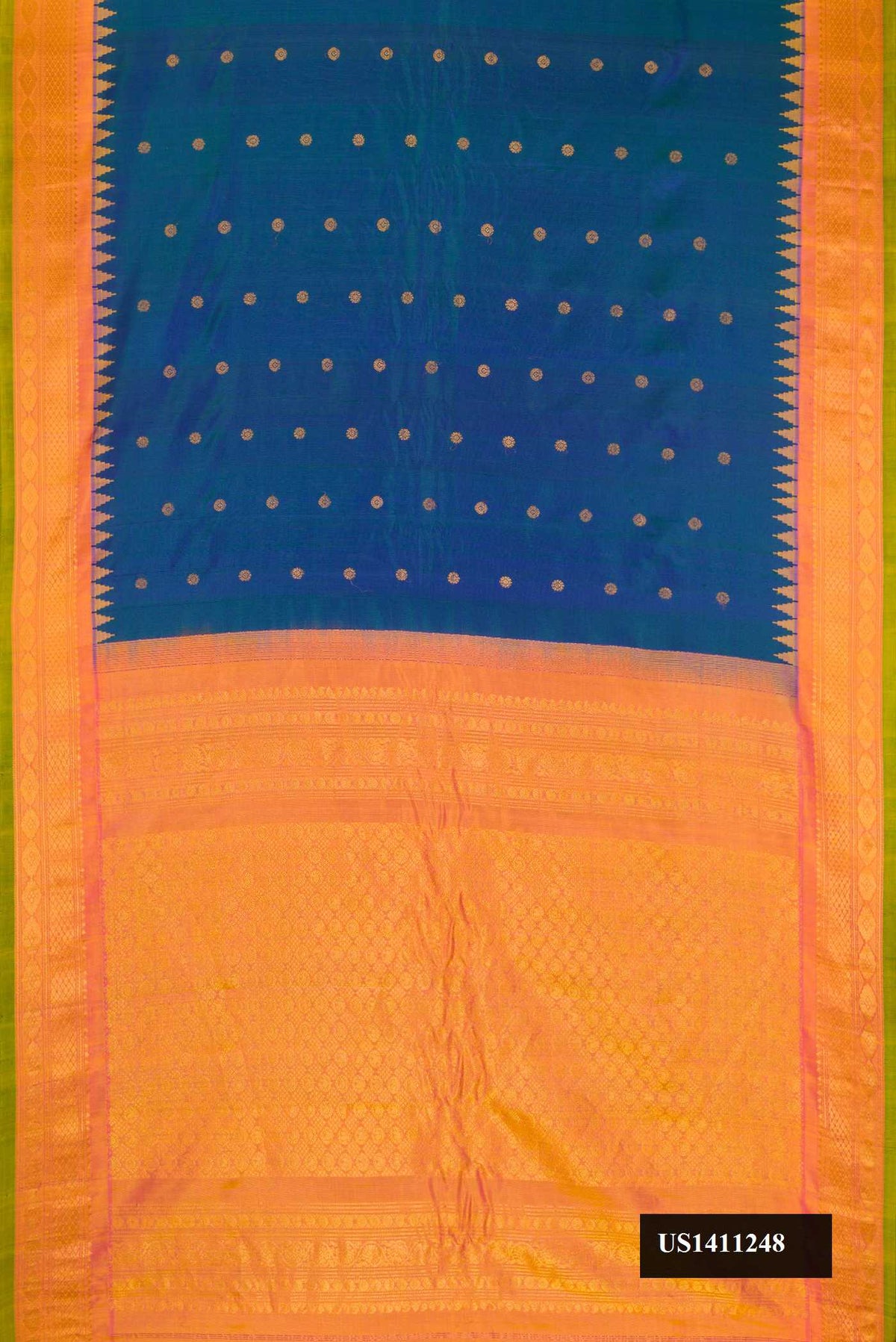 Peacock Blue Dual Tone Gadwal Silk Saree with Zari Butta on the body and Temple Border.  displayed on a mannequin
