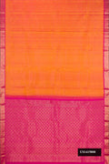 Golden Peach Dual Tone Kanchipuram Silk Saree with Zari Butta on the body and Zari Border.  displayed on a mannequin