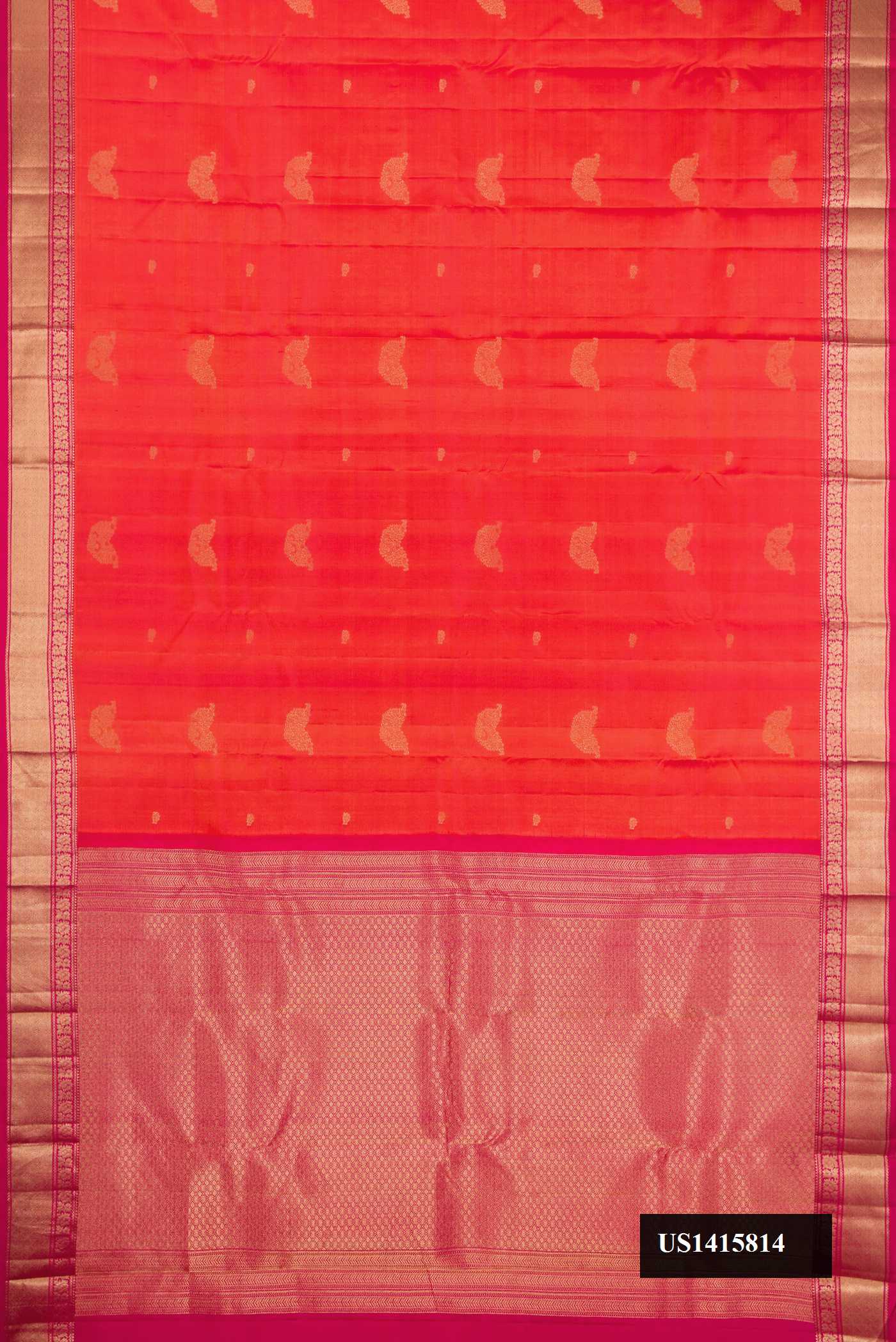 Rani Pink Dual Tone Kanchipuram Silk Saree with Zari Butta on the body and Zari Border.  displayed on a mannequin