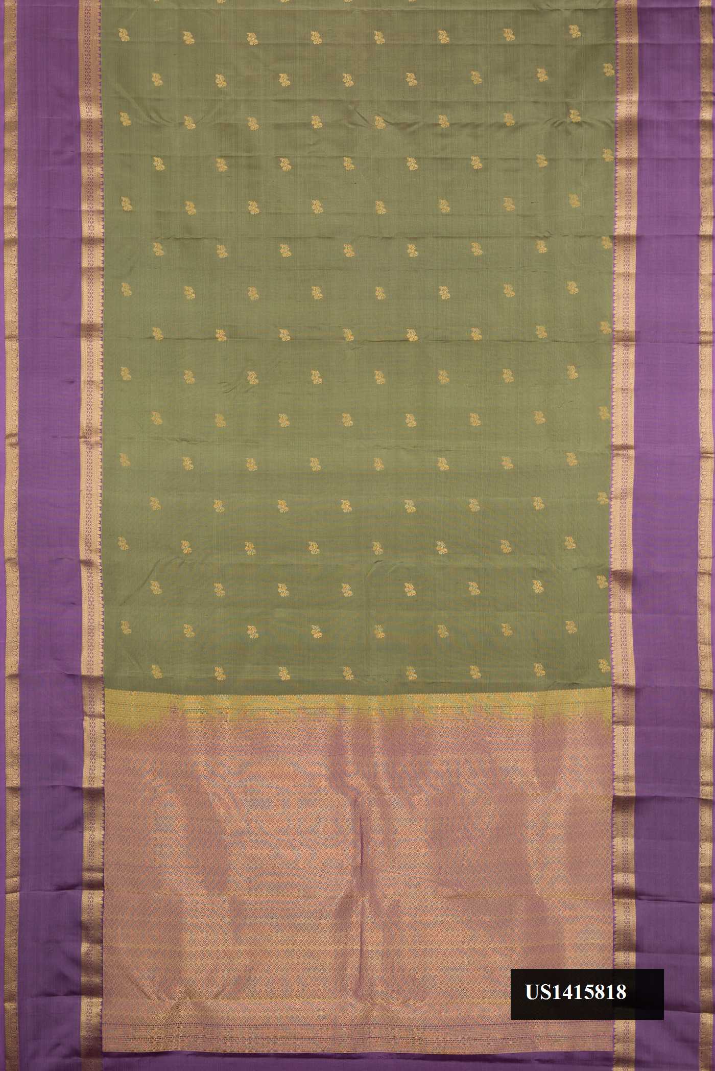 Olive Green Dual Tone Kanchipuram Silk Saree with Zari Butta on the body and Zari Border.  displayed on a mannequin
