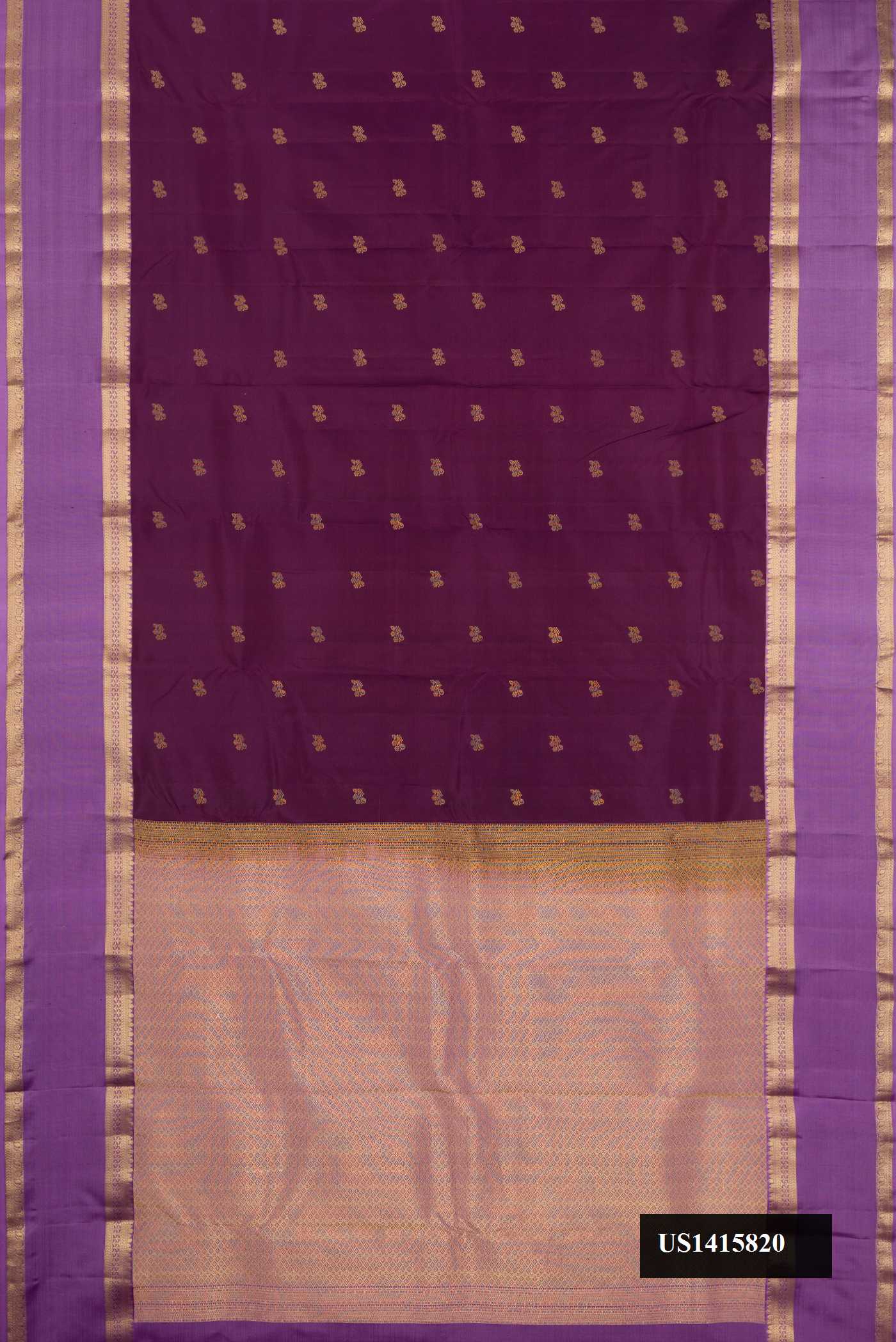 Burgundy Dual Tone Kanchipuram Silk Saree with Zari Butta on the body and Zari Border.  displayed on a mannequin