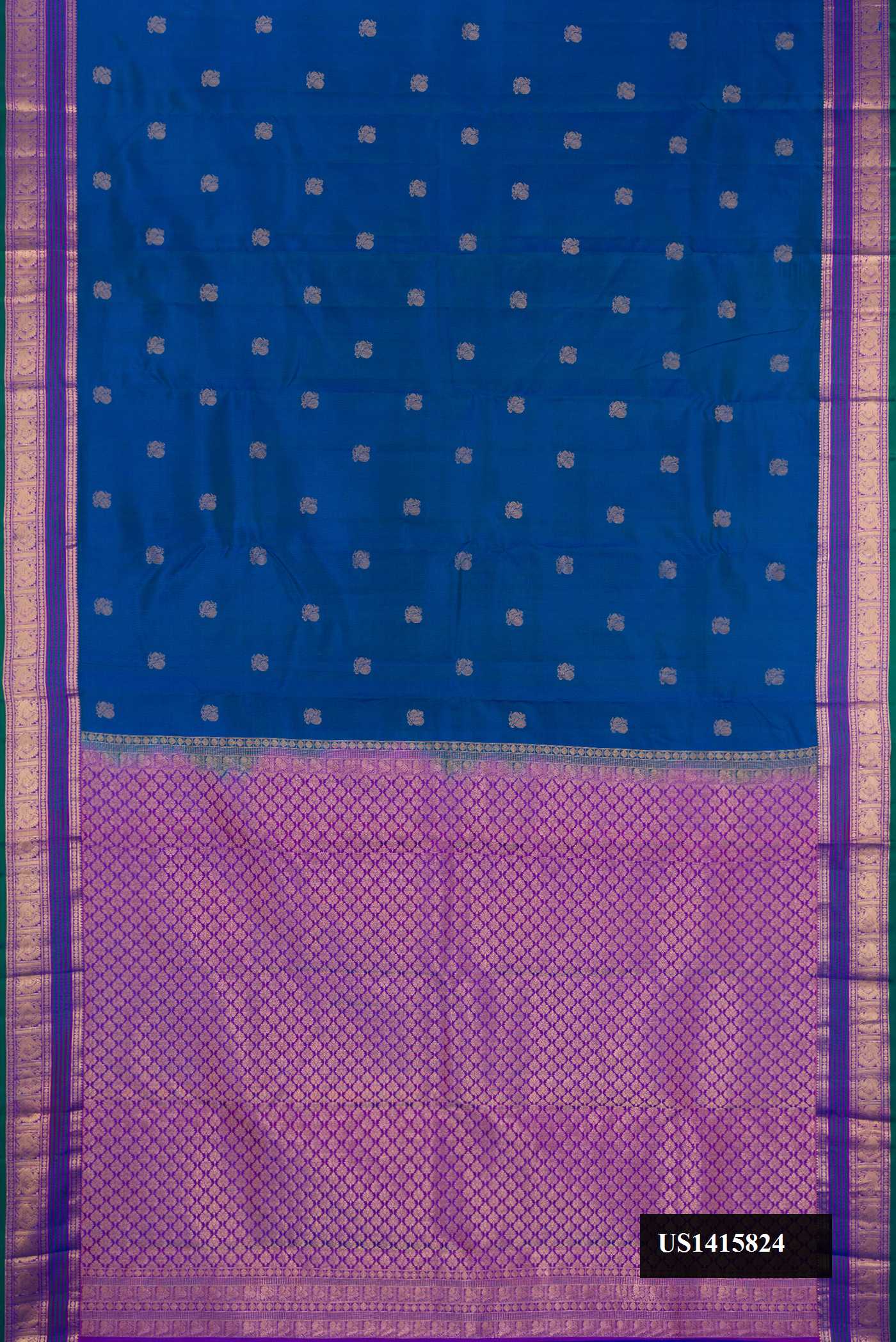 Peacock Blue Dual Tone Kanchipuram Silk Saree with Zari Butta on the body and Zari Border.  displayed on a mannequin