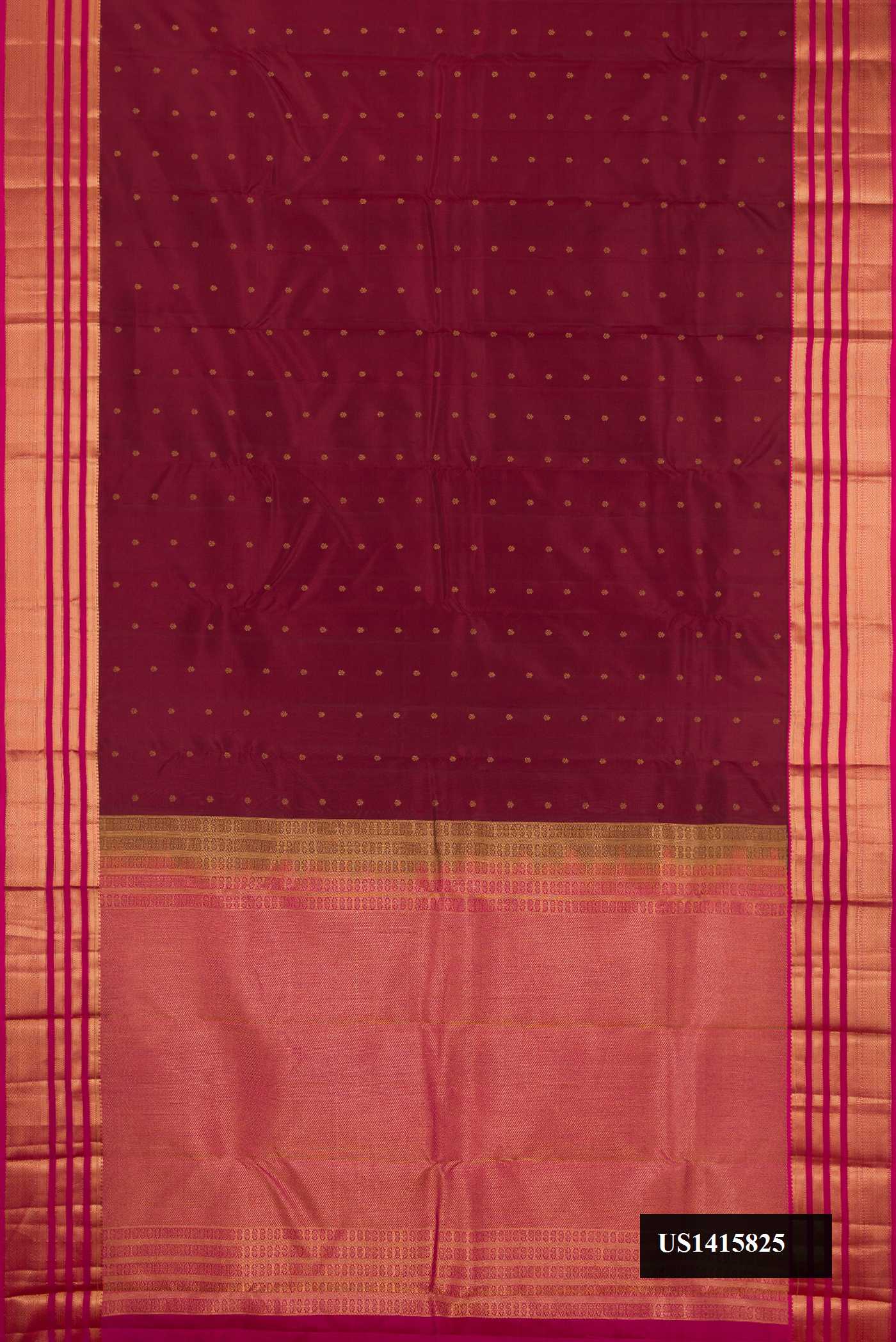 Maroon Dual Tone Kanchipuram Silk Saree with Zari Butta on the body and Zari Border.  displayed on a mannequin
