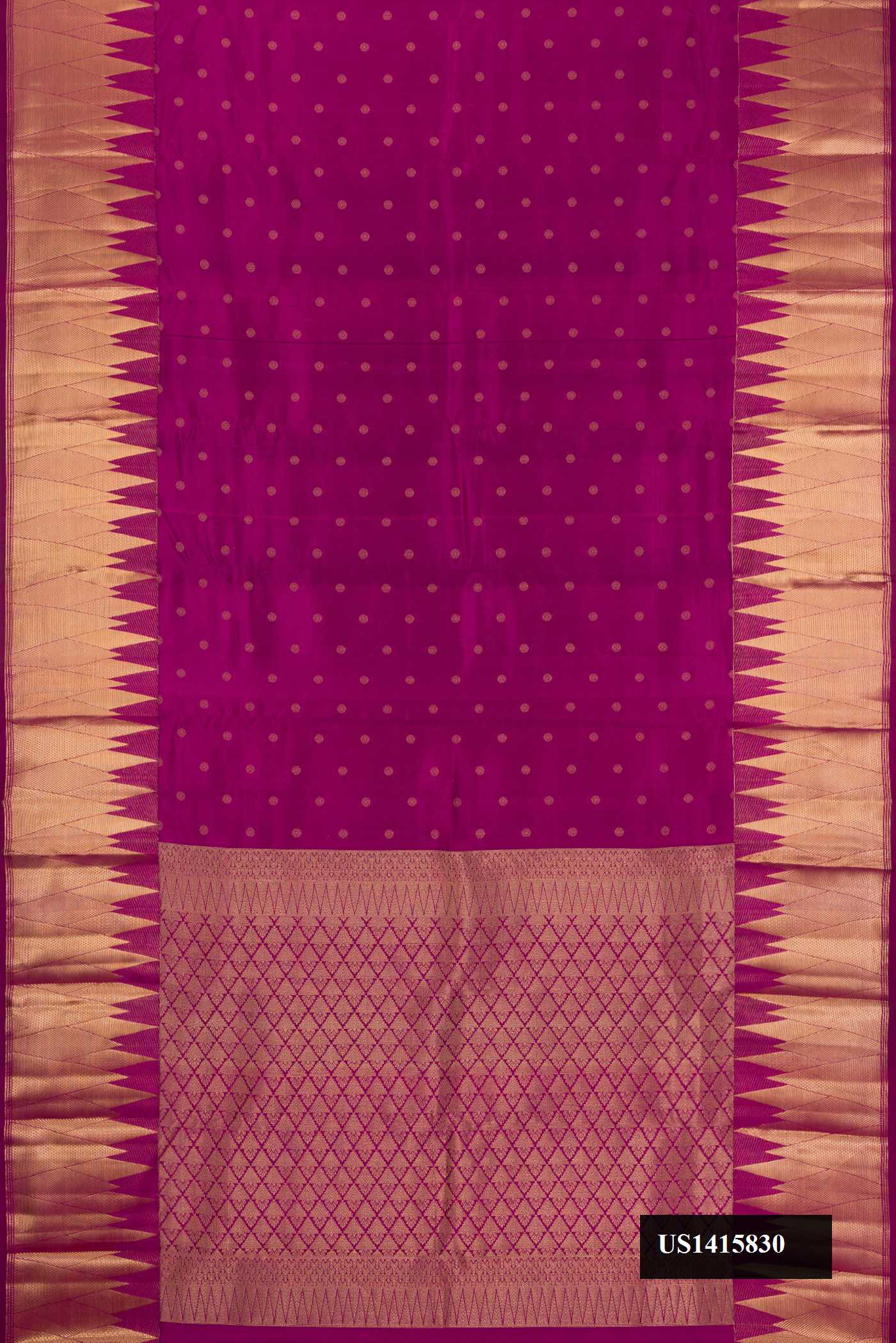 Magenta Dual Tone Kanchipuram Silk Saree with Zari Butta on the body and Fancy Border.  displayed on a mannequin