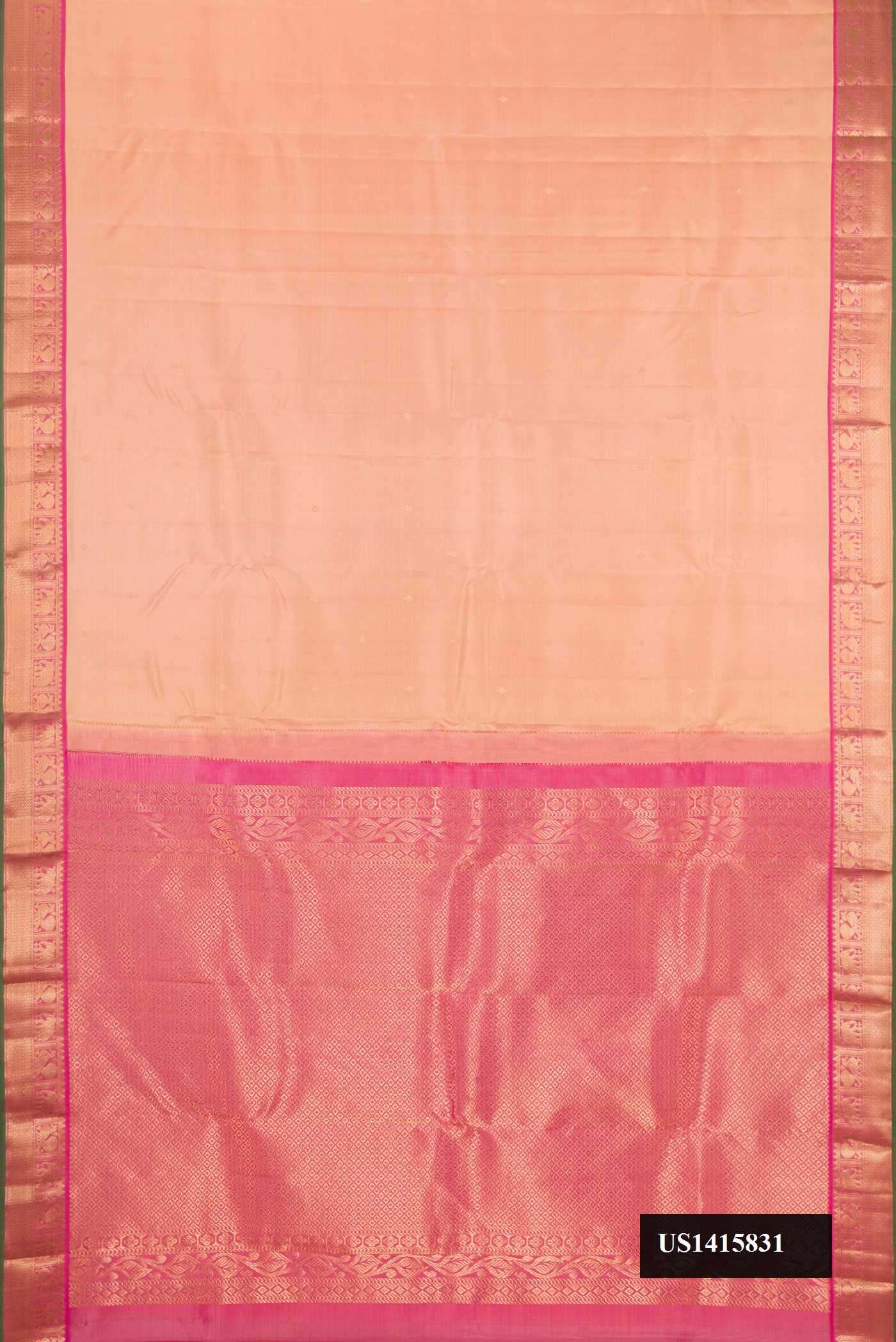 Sandal Dual Tone Kanchipuram Silk Saree with Zari Butta on the body and Zari Border.  displayed on a mannequin