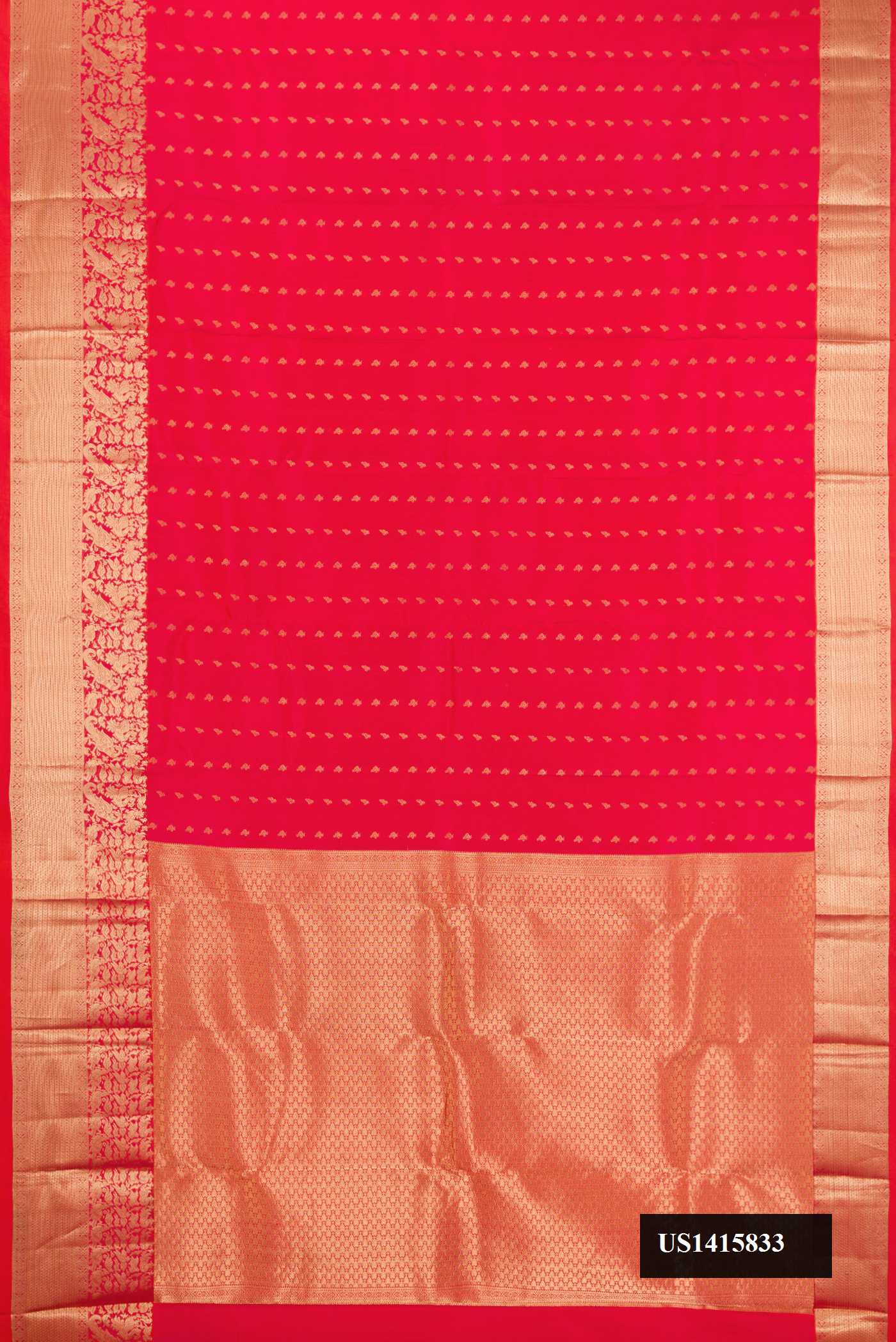 Coral Dual Tone Kanchipuram Silk Saree with Zari Butta on the body and Zari Border.  displayed on a mannequin