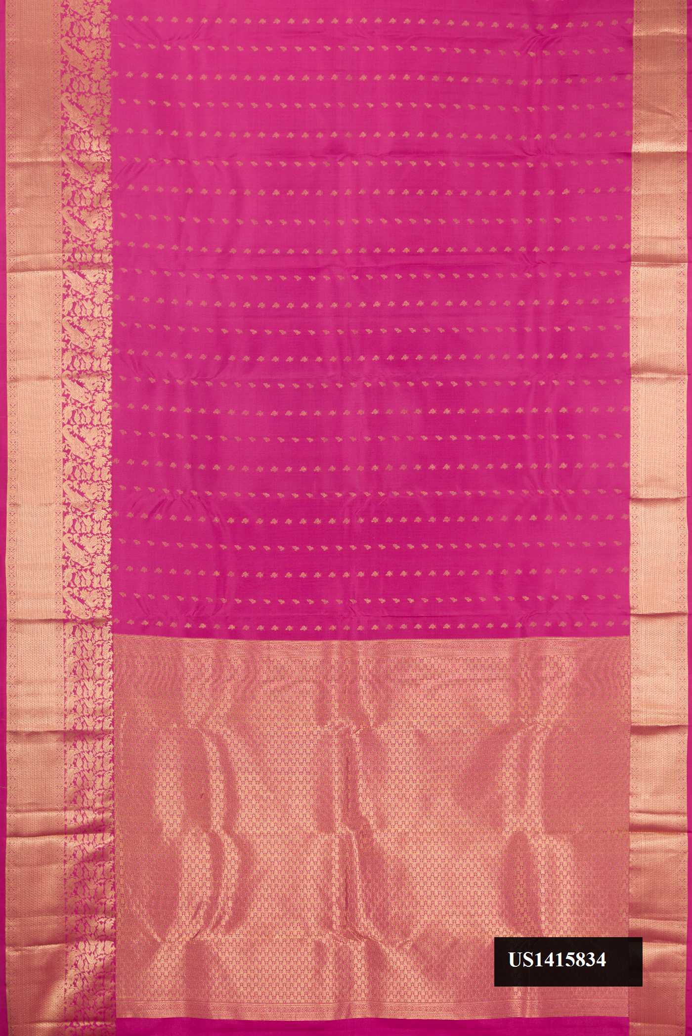 Rani Pink Dual Tone Kanchipuram Silk Saree with Zari Butta on the body and Zari Border.  displayed on a mannequin