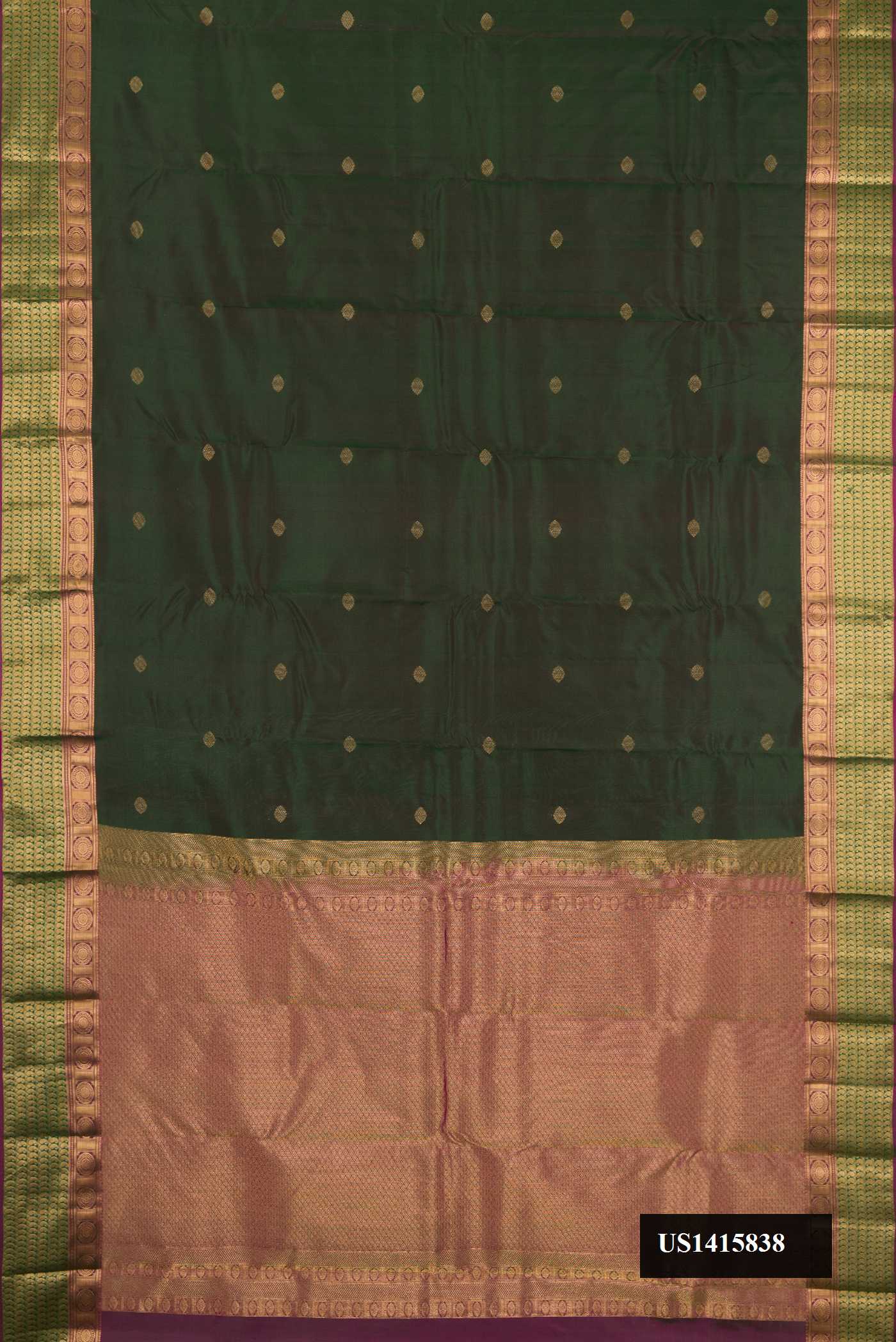 Green Dual Tone Kanchipuram Silk Saree with Zari Butta on the body and Zari Border.  displayed on a mannequin