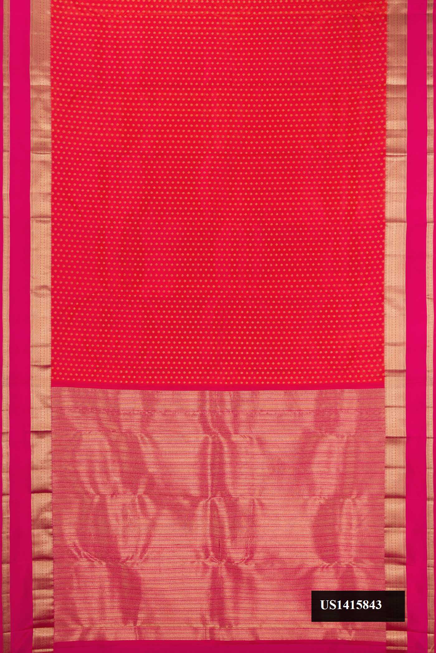 Red Dual Tone Kanchipuram Silk Saree with Zari Butta on the body and Zari Border.  displayed on a mannequin