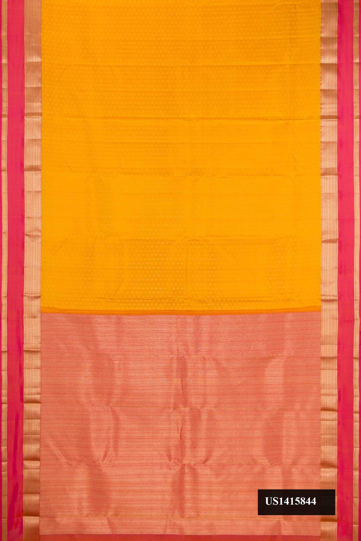 Mustard Dual Tone Kanchipuram Silk Saree with Zari Butta on the body and Zari Border.  displayed on a mannequin