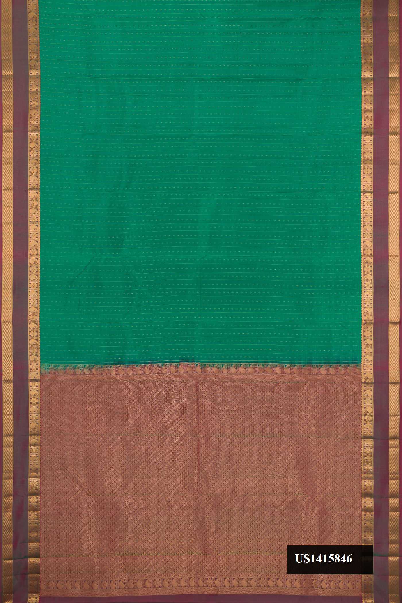 Green Dual Tone Kanchipuram Silk Saree with Stripes on the body and Zari Border.  displayed on a mannequin