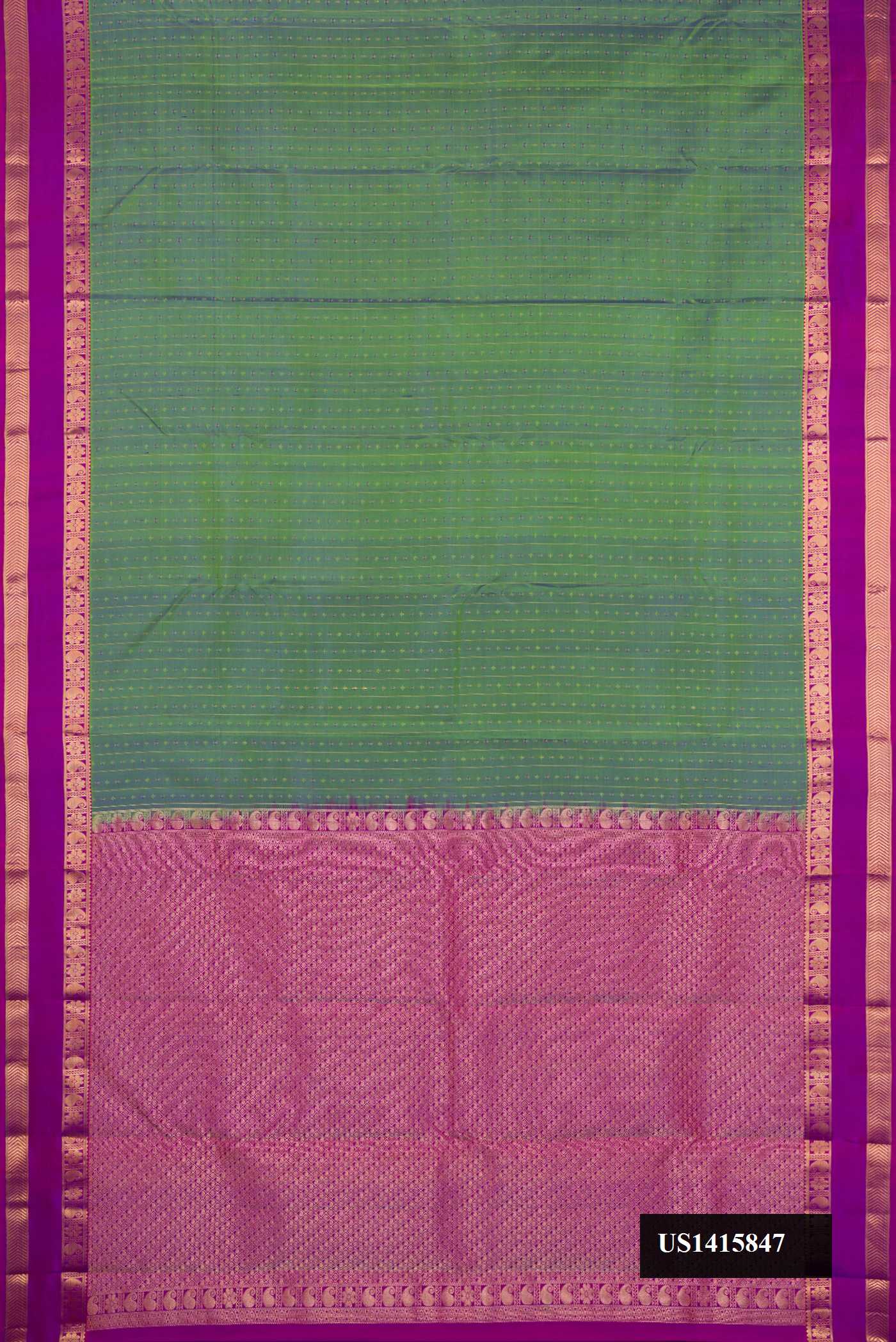 Mehandi Green Dual Tone Kanchipuram Silk Saree with Stripes on the body and Zari Border.  displayed on a mannequin