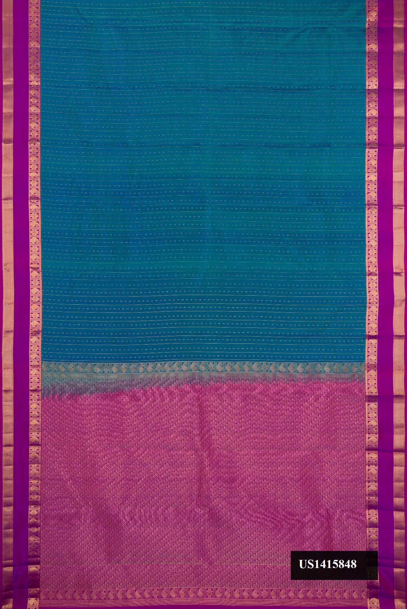 Peacock Blue Dual Tone Kanchipuram Silk Saree with Stripes on the body and Zari Border.  displayed on a mannequin