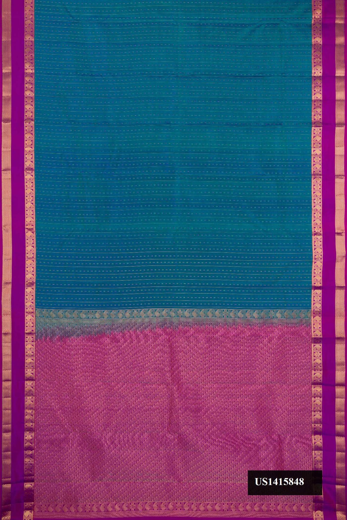 Peacock Blue Dual Tone Kanchipuram Silk Saree with Stripes on the body and Zari Border.  displayed on a mannequin