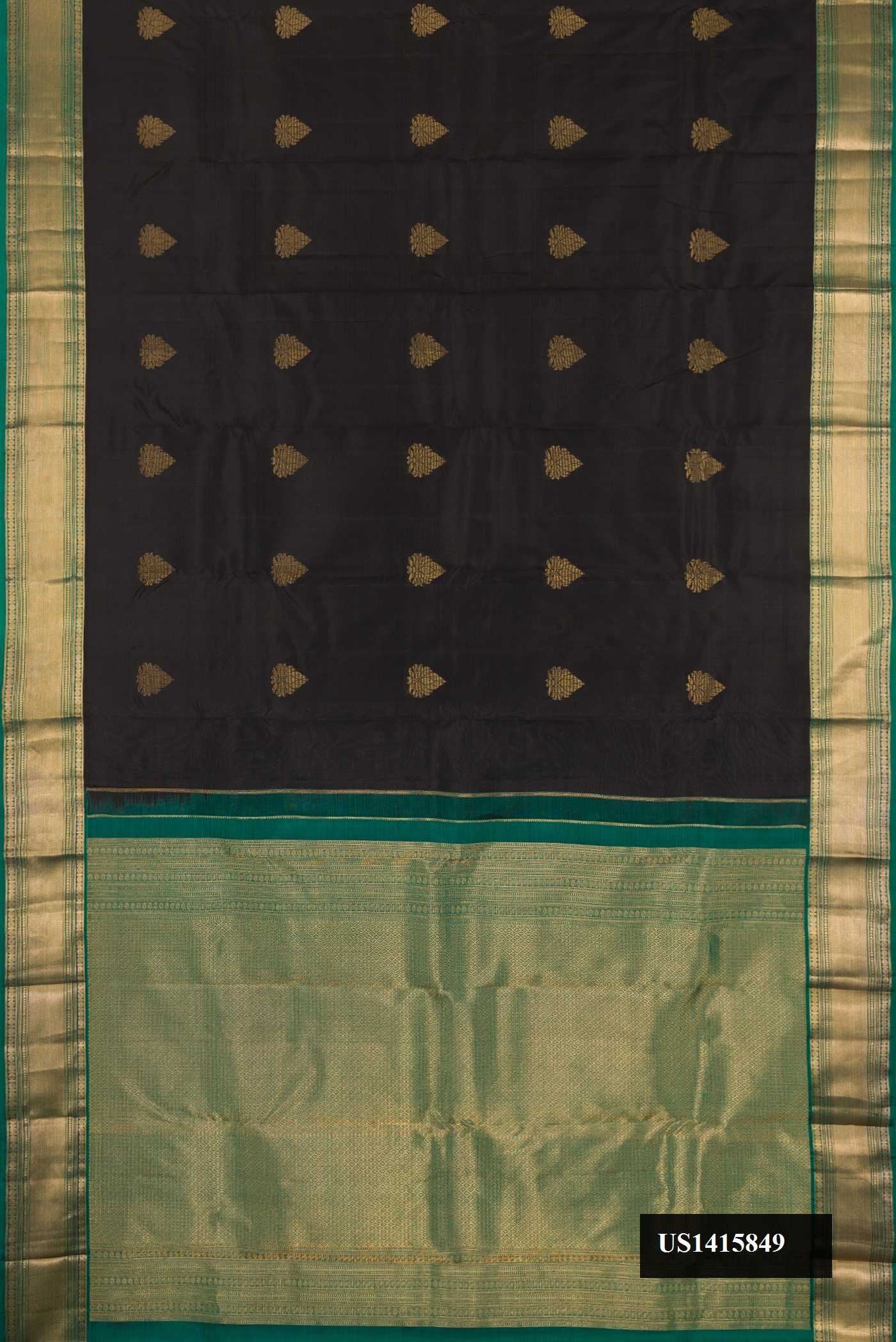 Black Dual Tone Kanchipuram Silk Saree with Zari Butta on the body and Zari Border.  displayed on a mannequin