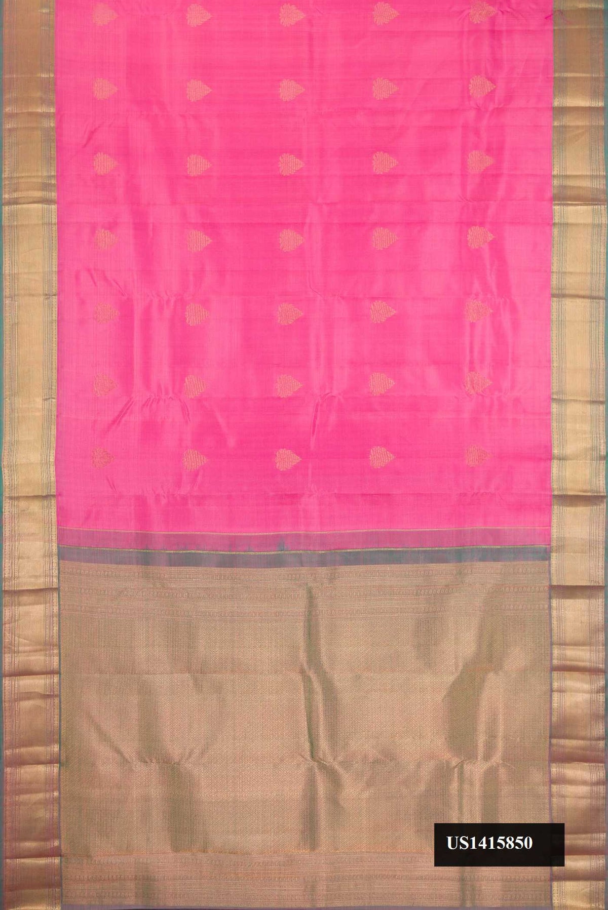 Pink Dual Tone Kanchipuram Silk Saree with Zari Butta on the body and Zari Border.  displayed on a mannequin
