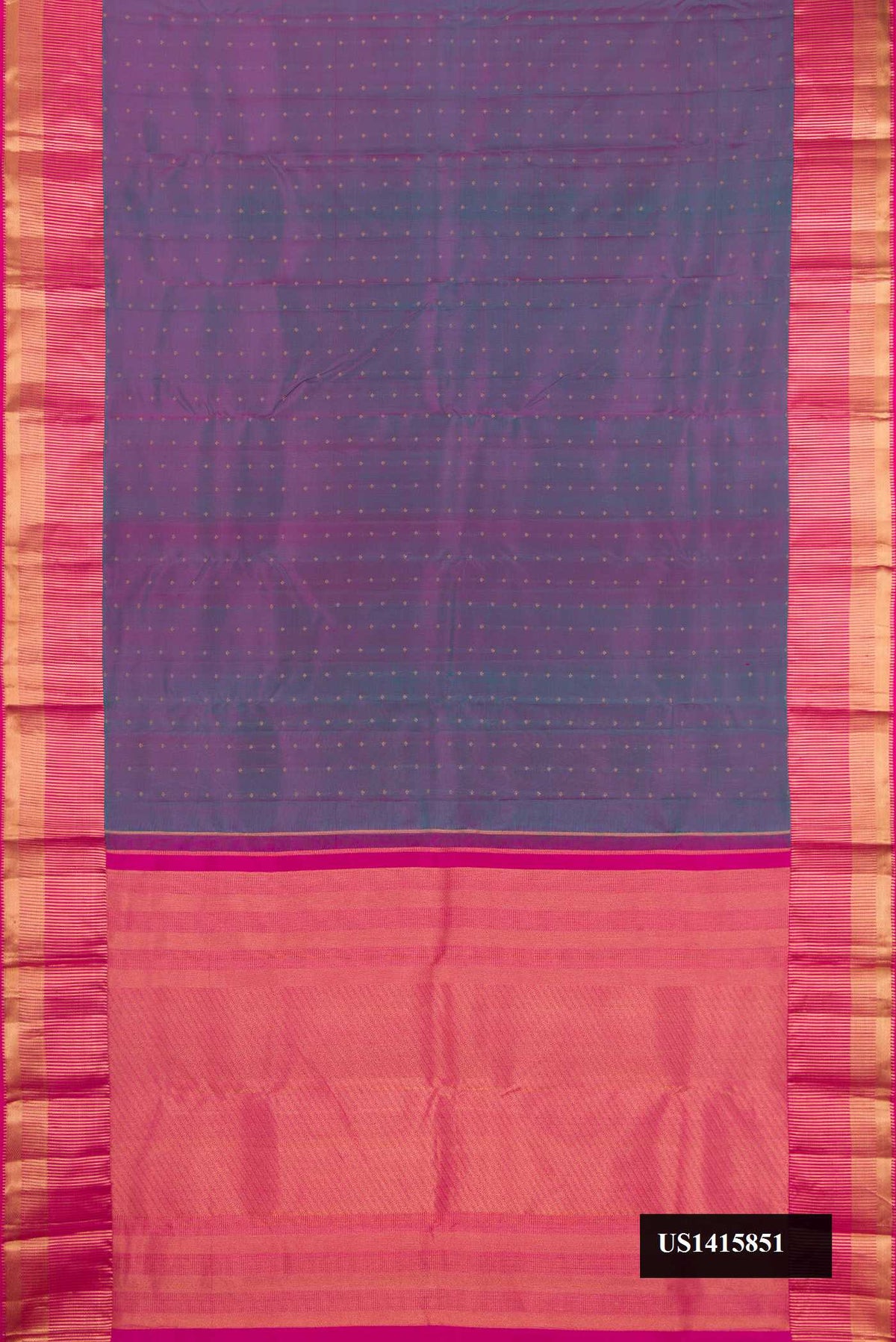 Purple Dual Tone Kanchipuram Silk Saree with Zari Butta on the body and Zari Border.  displayed on a mannequin