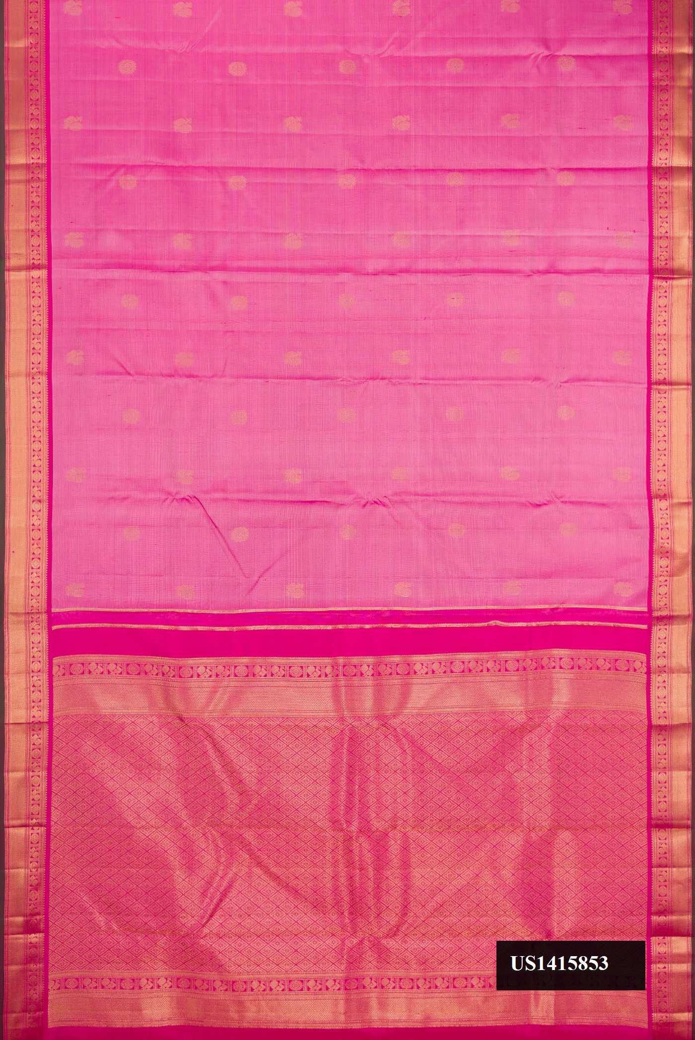 Pink Dual Tone Kanchipuram Silk Saree with Stripes on the body and Zari Border.  displayed on a mannequin