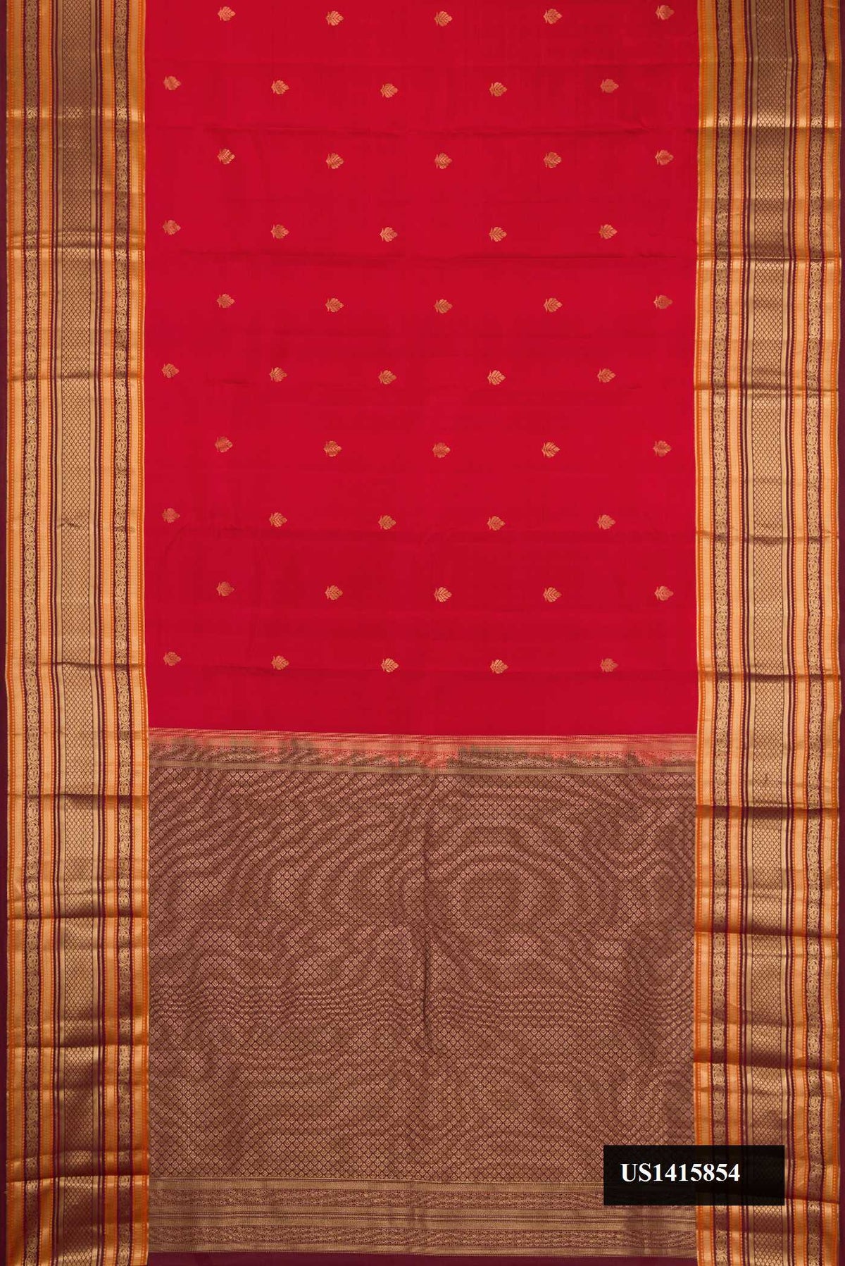 Brick Orange Dual Tone Kanchipuram Silk Saree with Zari Butta on the body and Zari Border.  displayed on a mannequin