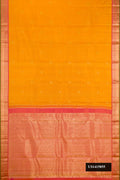 Mustard Dual Tone Kanchipuram Silk Saree with Zari Butta on the body and Zari Border.  displayed on a mannequin