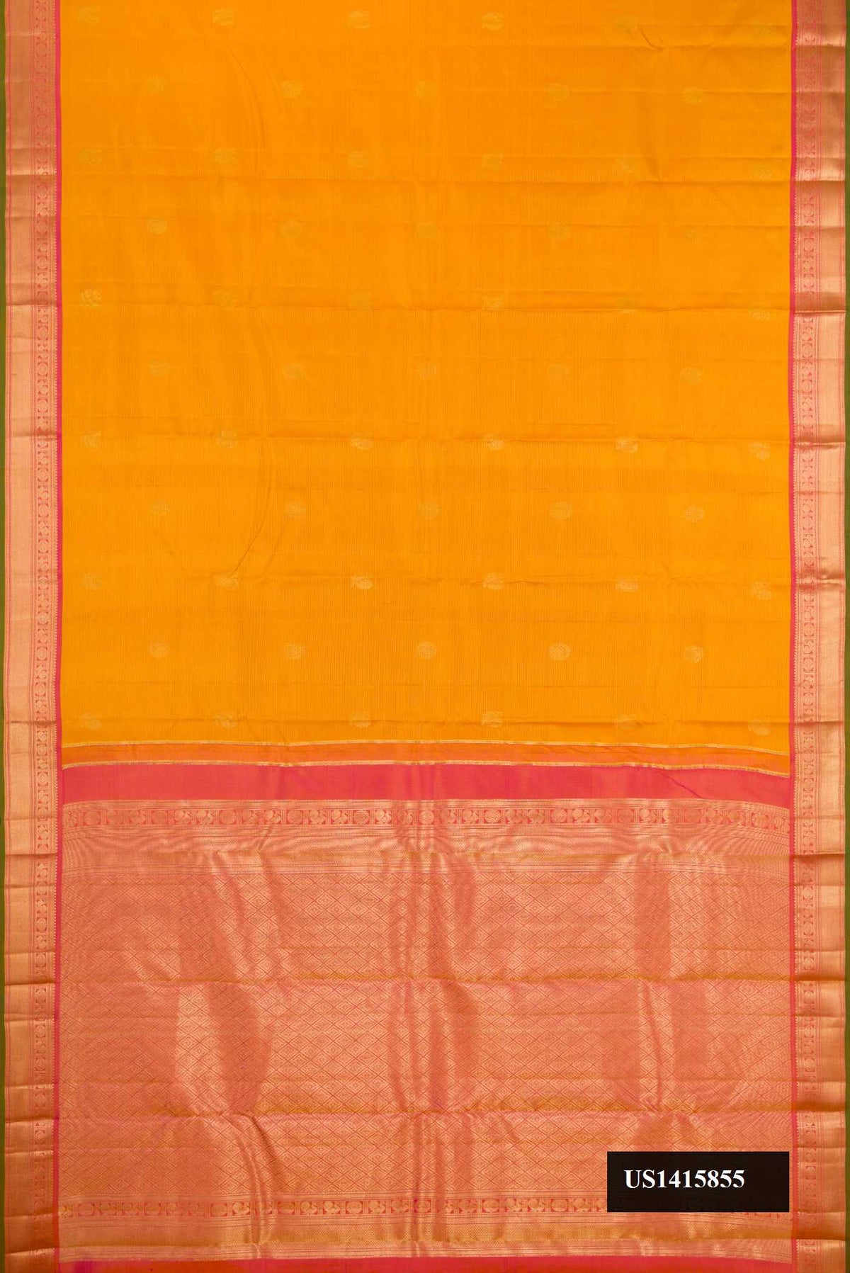 Mustard Dual Tone Kanchipuram Silk Saree with Zari Butta on the body and Zari Border.  displayed on a mannequin