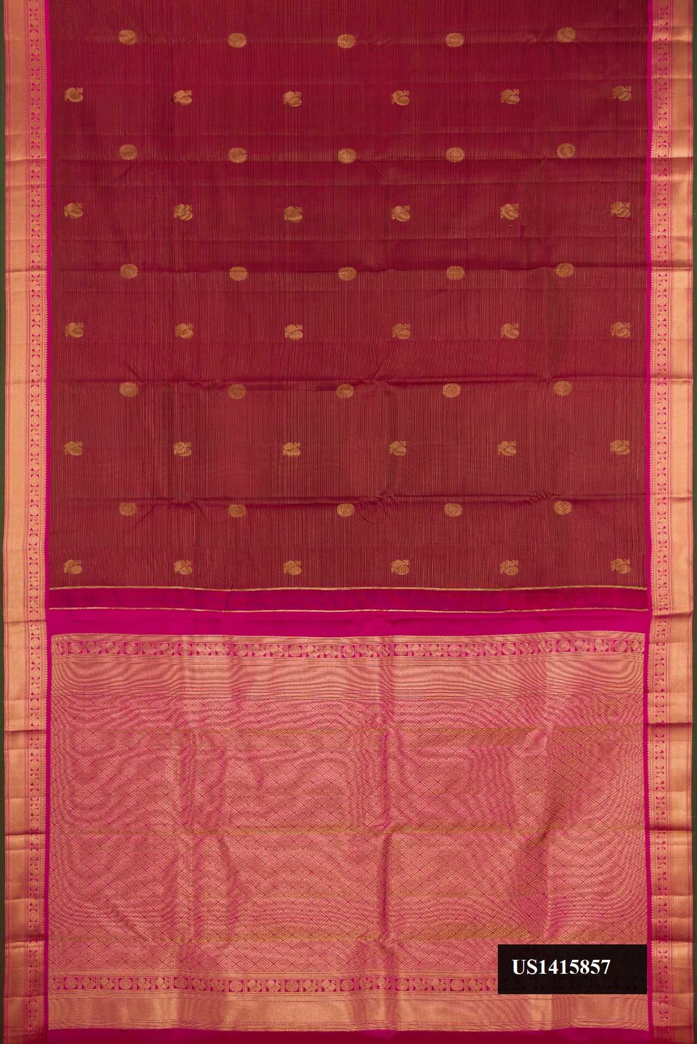 Dark Mauve Dual Tone Kanchipuram Silk Saree with Stripes on the body and Zari Border.  displayed on a mannequin