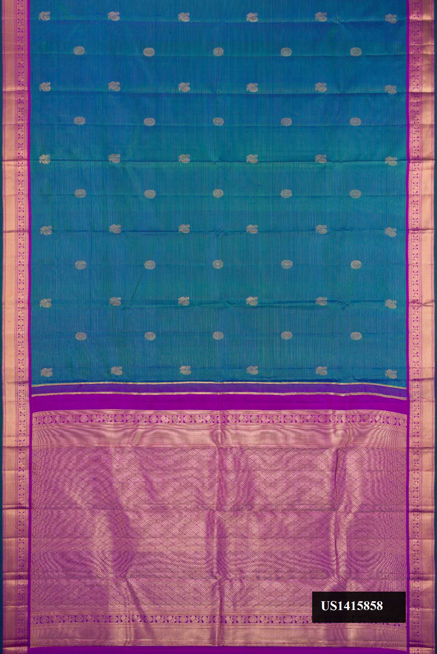 Peacock Blue Dual Tone Kanchipuram Silk Saree with Stripes on the body and Zari Border.  displayed on a mannequin