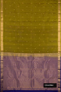 Mehandi Green Dual Tone Kanchipuram Silk Saree with Zari Butta on the body and Zari Border.  displayed on a mannequin