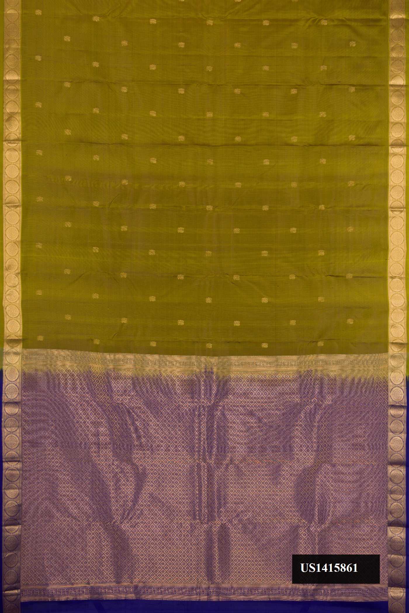 Mehandi Green Dual Tone Kanchipuram Silk Saree with Zari Butta on the body and Zari Border.  displayed on a mannequin