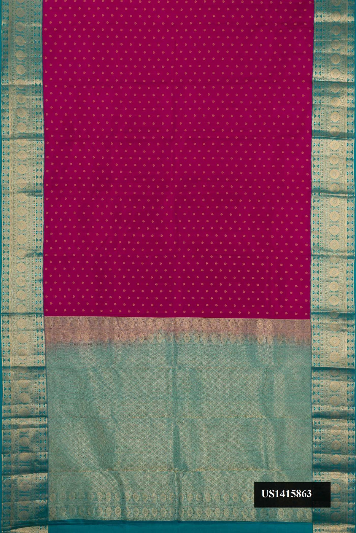 Magenta Dual Tone Kanchipuram Silk Saree with Zari Butta on the body and Zari Border.  displayed on a mannequin