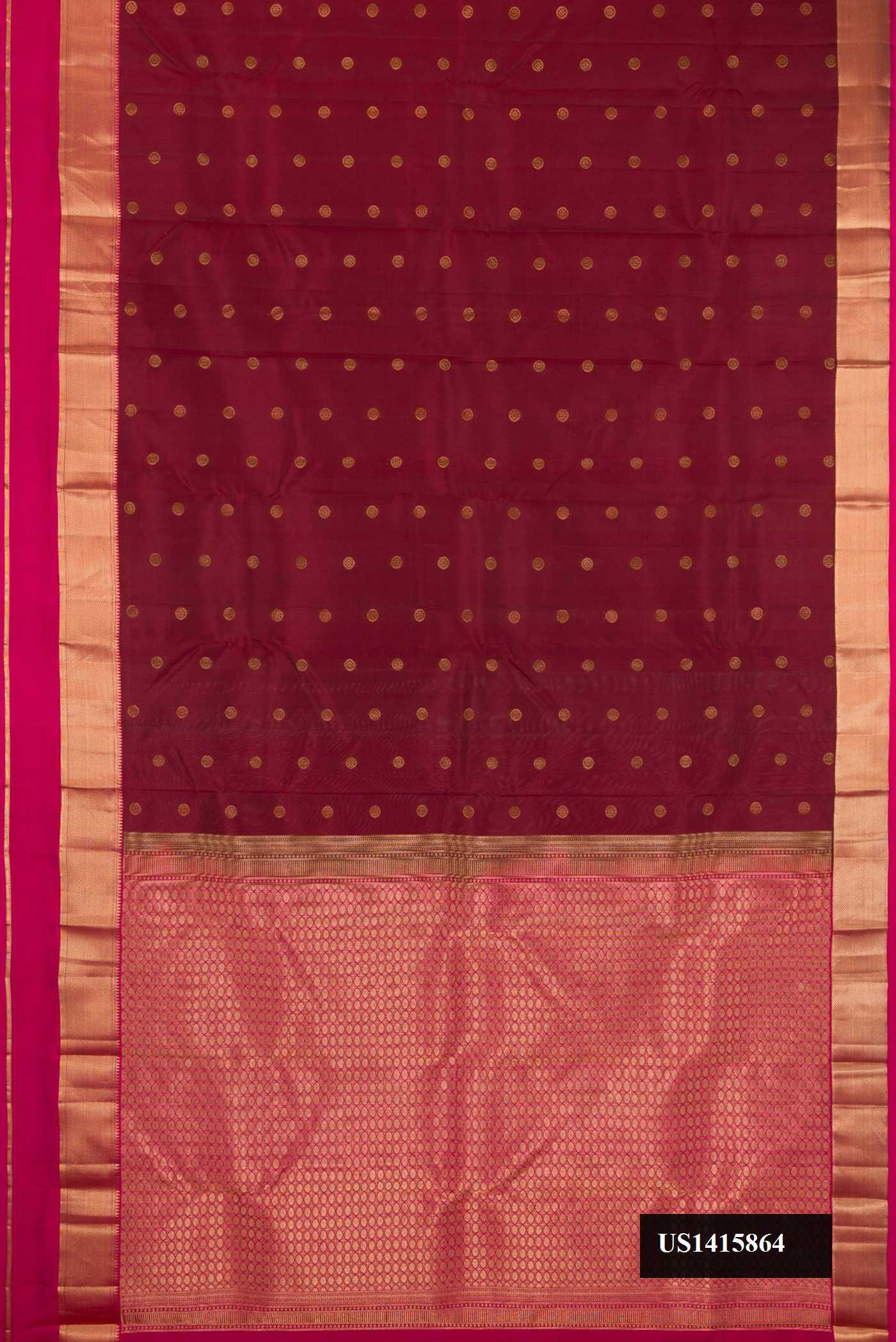 Maroon Dual Tone Kanchipuram Silk Saree with Zari Butta on the body and Zari Border.  displayed on a mannequin