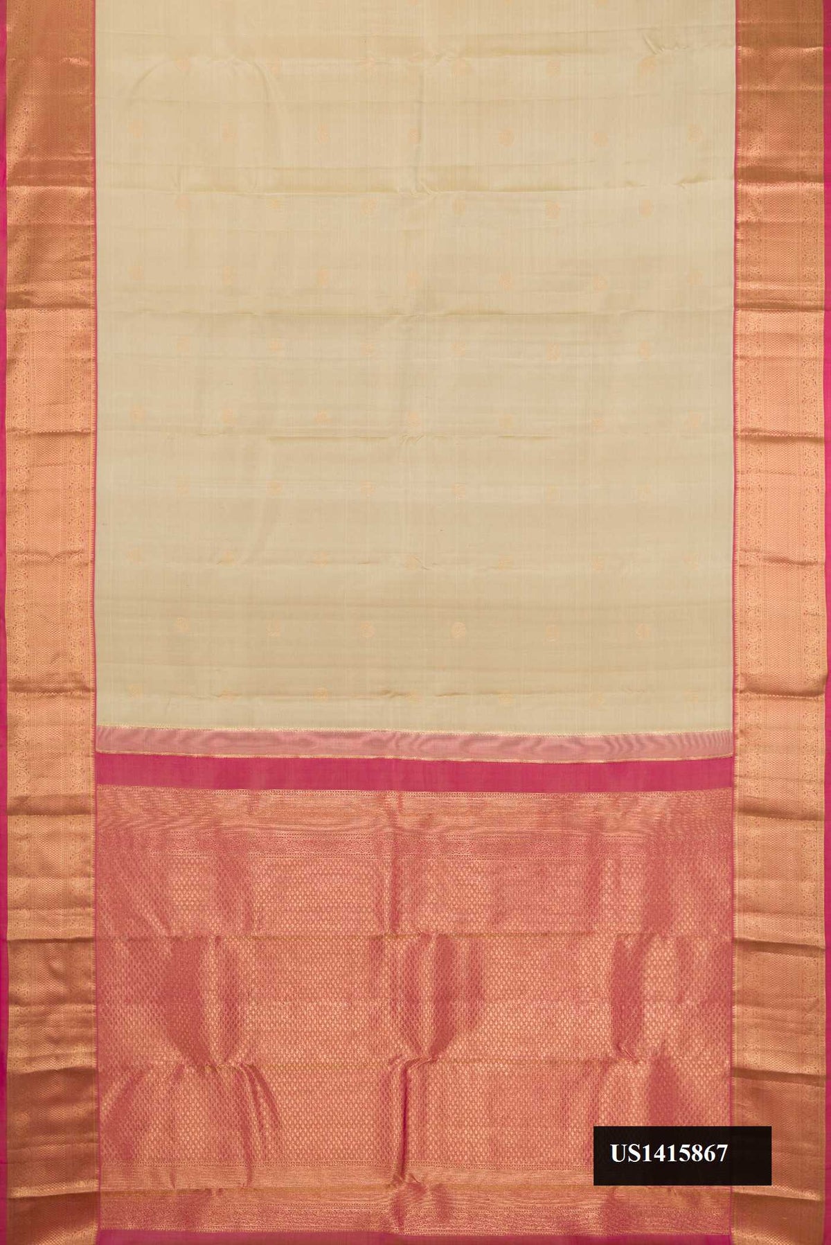 Dark Beige Dual Tone Kanchipuram Silk Saree with Zari Butta on the body and Zari Border.  displayed on a mannequin