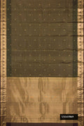 Bottle Green Dual Tone Kanchipuram Silk Saree with Zari Butta on the body and Fancy Border.  displayed on a mannequin
