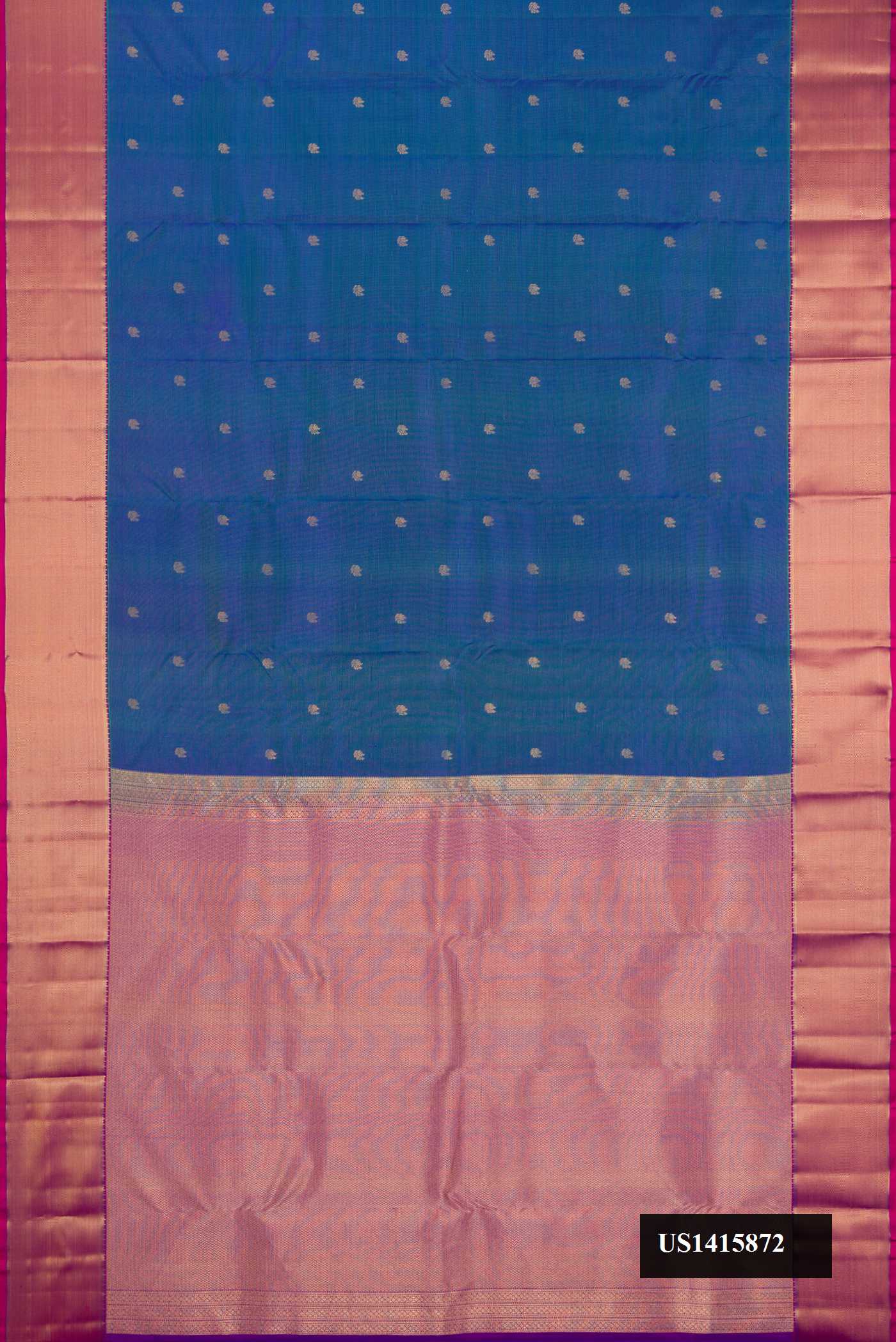 Peacock Blue Dual Tone Kanchipuram Silk Saree with Stripes on the body and Zari Border.  displayed on a mannequin
