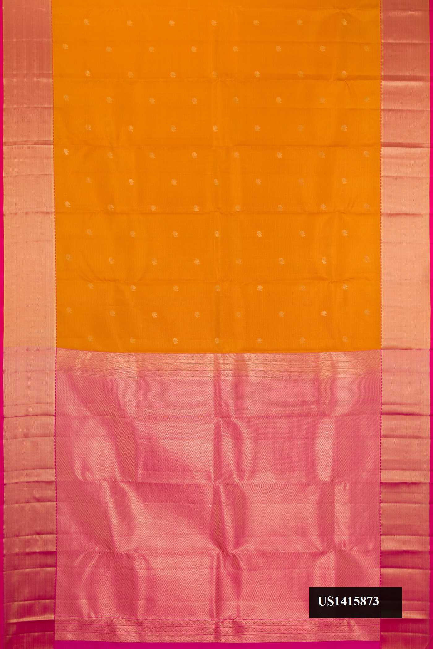 Mustard Dual Tone Kanchipuram Silk Saree with Zari Butta on the body and Zari Border.  displayed on a mannequin