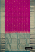 Purple Dual Tone Kanchipuram Silk Saree with Checked design on the body and Zari Border.  displayed on a mannequin