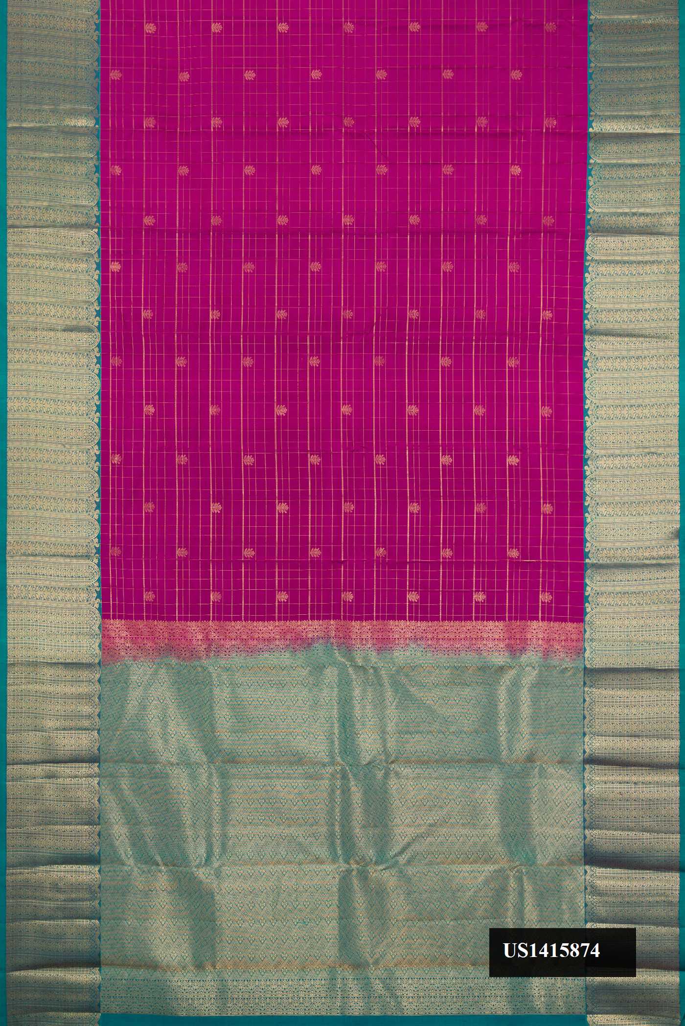 Purple Dual Tone Kanchipuram Silk Saree with Checked design on the body and Zari Border.  displayed on a mannequin