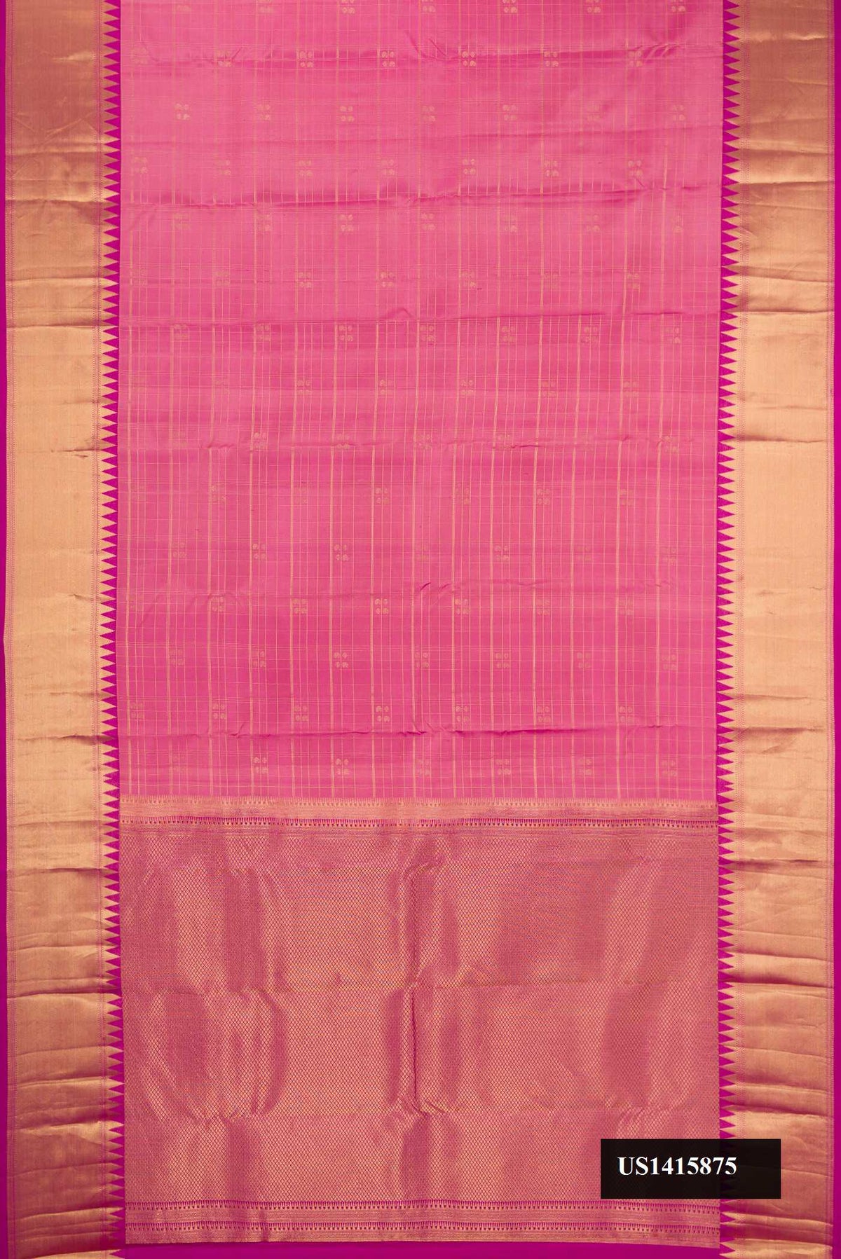 Rose Gold Dual Tone Kanchipuram Silk Saree with Checked design on the body and Zari Border.  displayed on a mannequin