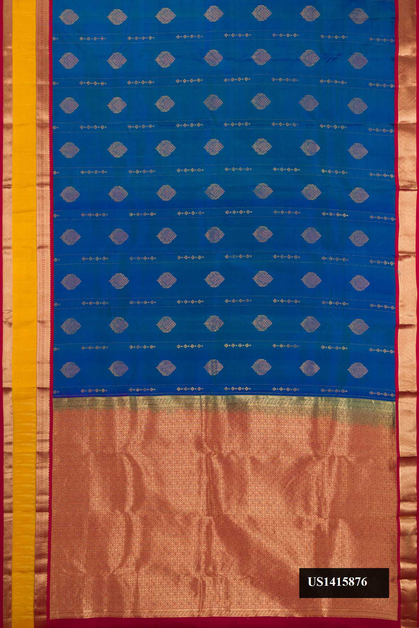 Peacock Blue Dual Tone Kanchipuram Silk Saree with Zari Butta on the body and Zari Border.  displayed on a mannequin