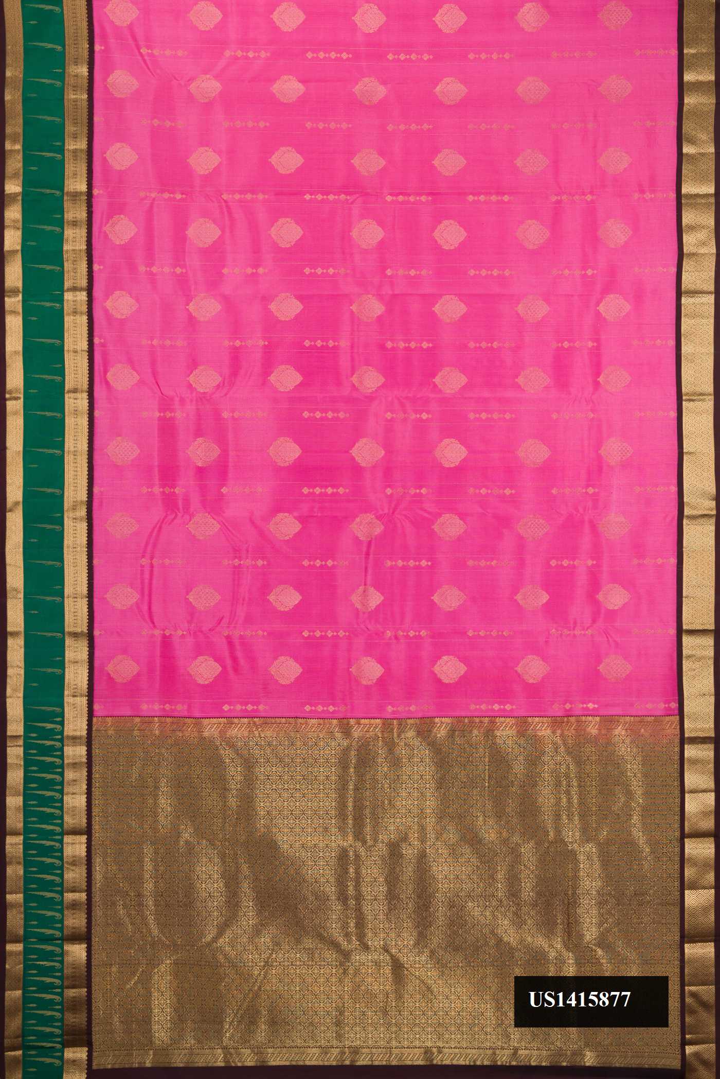 Rose pink Dual Tone Kanchipuram Silk Saree with Zari Butta on the body and Zari Border.  displayed on a mannequin