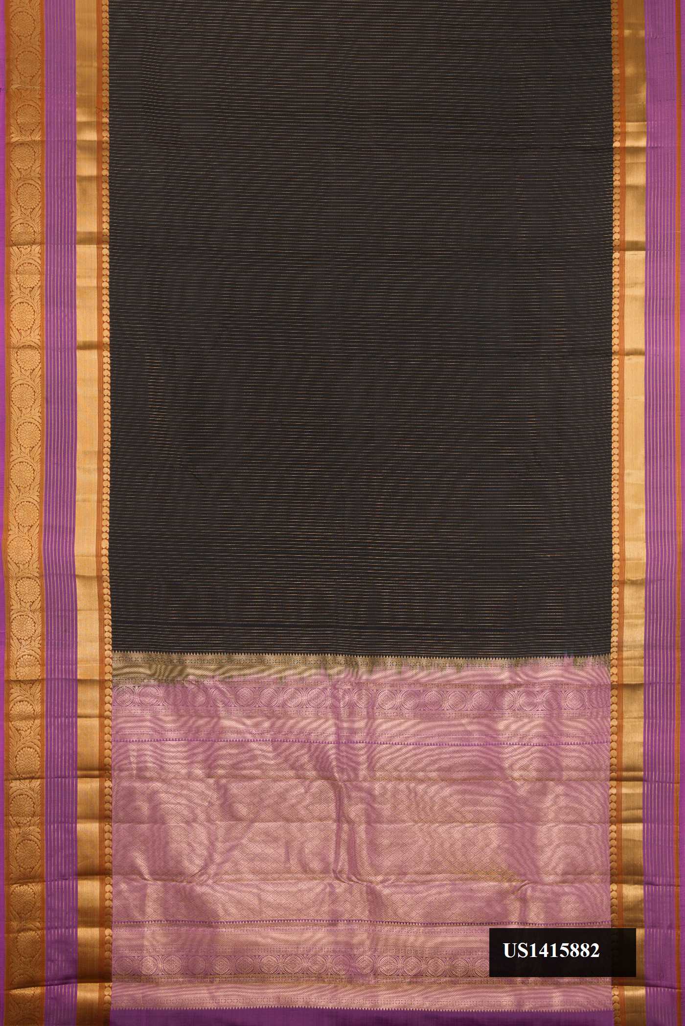 Burgundy Dual Tone Kanchipuram Silk Saree with Stripes on the body and Fancy Border.  displayed on a mannequin