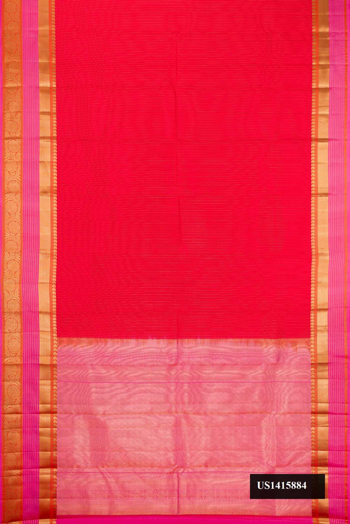 Red Dual Tone Kanchipuram Silk Saree with Zari Butta on the body and Zari Border.  displayed on a mannequin