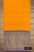 Mustard Dual Tone Kanchipuram Silk Saree with Stripes on the body and Zari Border.  displayed on a mannequin
