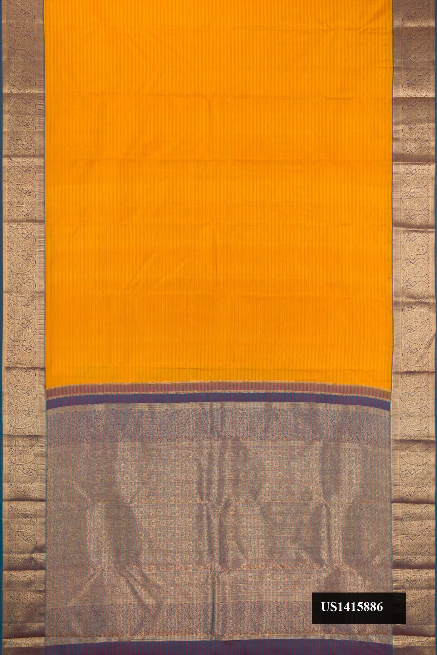 Mustard Dual Tone Kanchipuram Silk Saree with Stripes on the body and Zari Border.  displayed on a mannequin