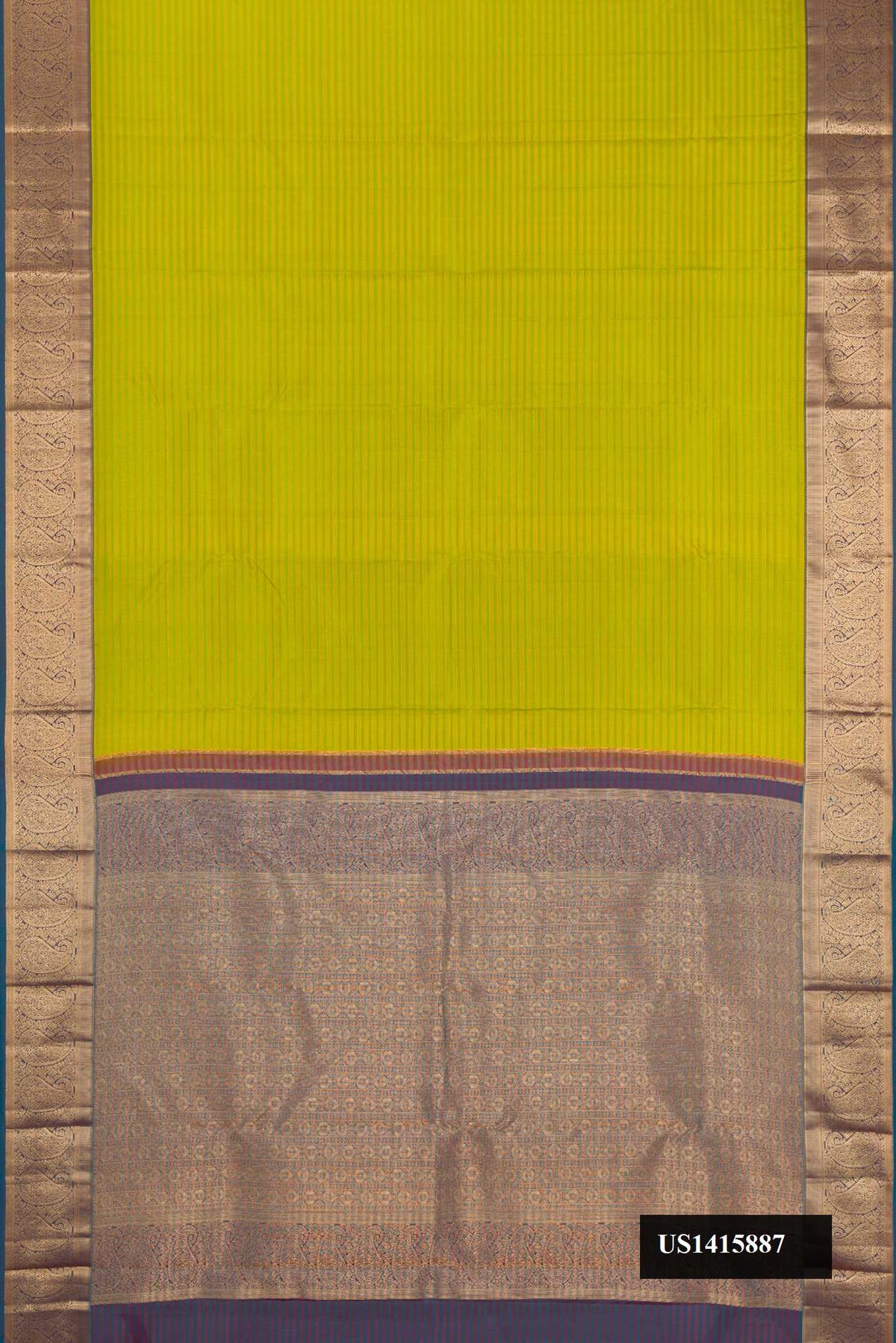 Parrot Green Dual Tone Kanchipuram Silk Saree with Stripes on the body and Zari Border.  displayed on a mannequin