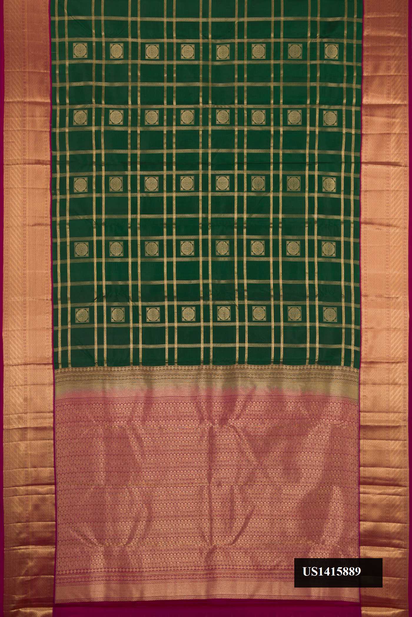 Bottle Green Dual Tone Kanchipuram Silk Saree with Checked design on the body and Zari Border.  displayed on a mannequin