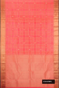 Peach Dual Tone Kanchipuram Silk Saree with Checked design on the body and Zari Border.  displayed on a mannequin