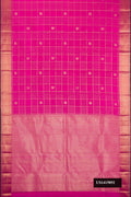 Pink Dual Tone Kanchipuram Silk Saree with Checked design on the body and Zari Border.  displayed on a mannequin