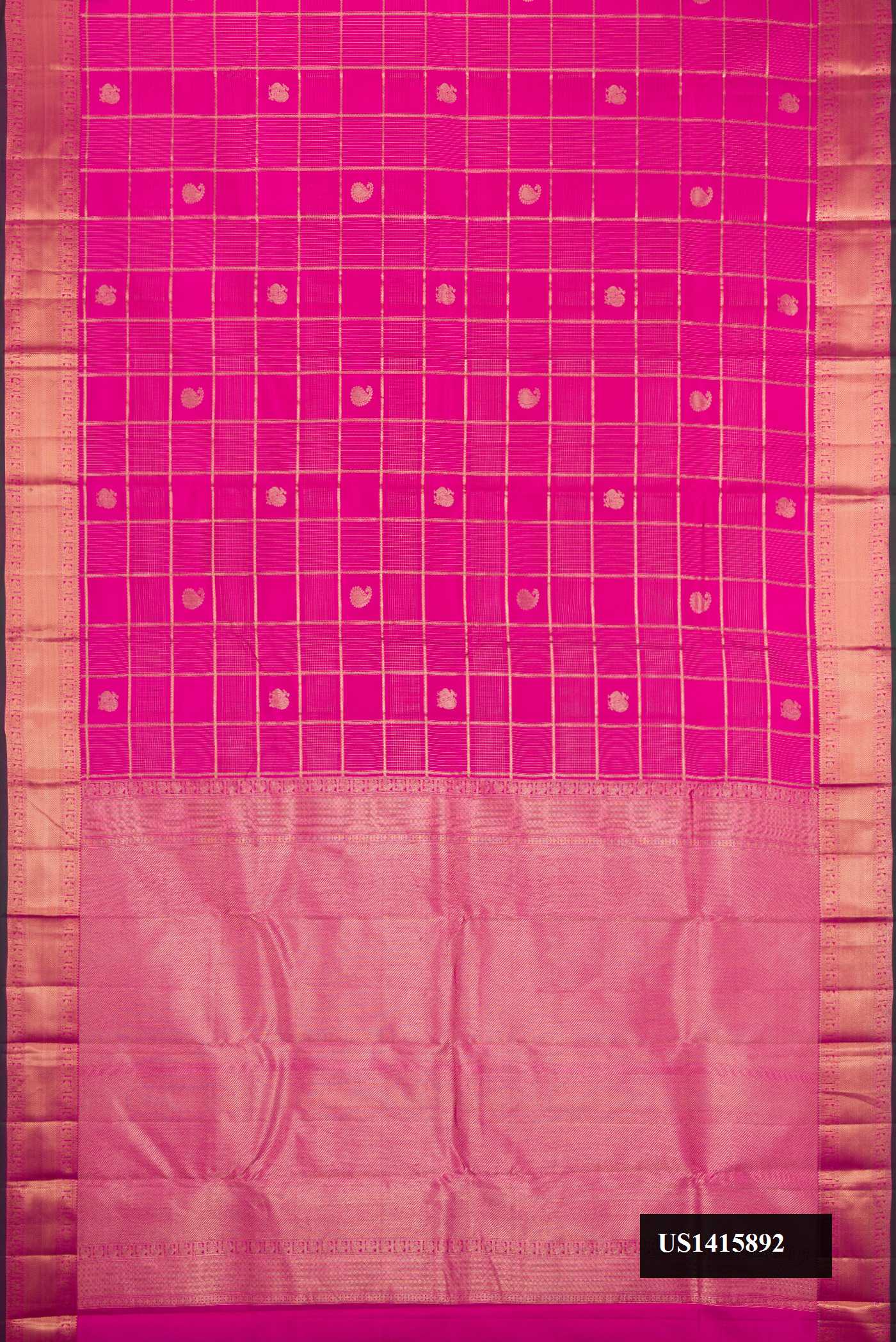Pink Dual Tone Kanchipuram Silk Saree with Checked design on the body and Zari Border.  displayed on a mannequin